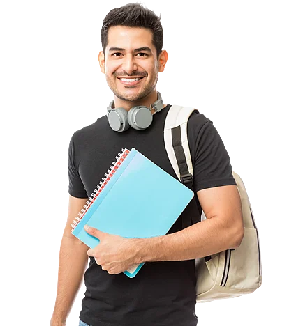 Studierender mit Rucksack und Unterlagen